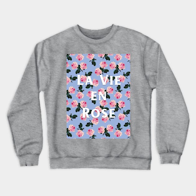 La Vie En Rose on blue - pink scattered vintage roses on blue Crewneck Sweatshirt by bettyretro